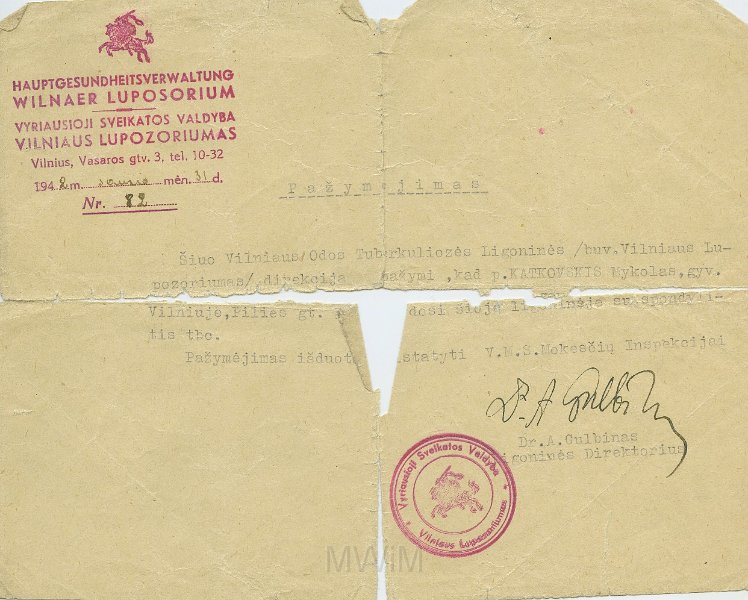 KKE 5456.jpg - (litewski) Dok. Zaświadczenie ze szpitala w Wilnie dla Michała Katkowskiego, Wilno, 31 1942 r.